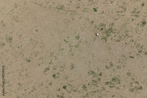 a man standing on dry cracked earth with copy space. metaphor climate change and water crisis  Aerial shot top view