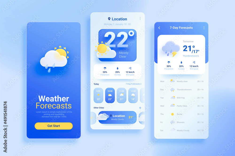 3d weather forecast ui app design - obrazy, fototapety, plakaty 