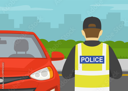 Police officer writing traffic ticket for red sedan car that parked in prohibited parking area. Close-up back view of a policeman. Flat vector illustration template.