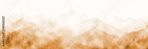 Vector drawing of a mountain landscape, fog. Imitation of watercolor paint.	