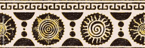 Ethnic background, sun symbols, vector border. Seamless pattern.	