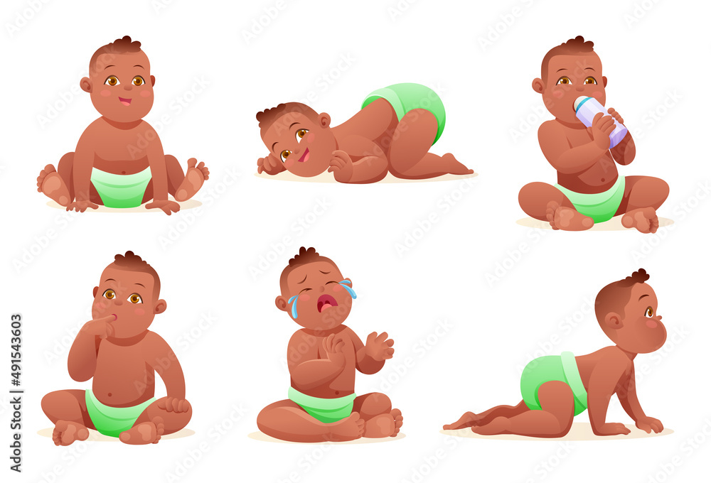 Set of cute little african american baby boy with diaper in various poses and situations, vector cartoon character