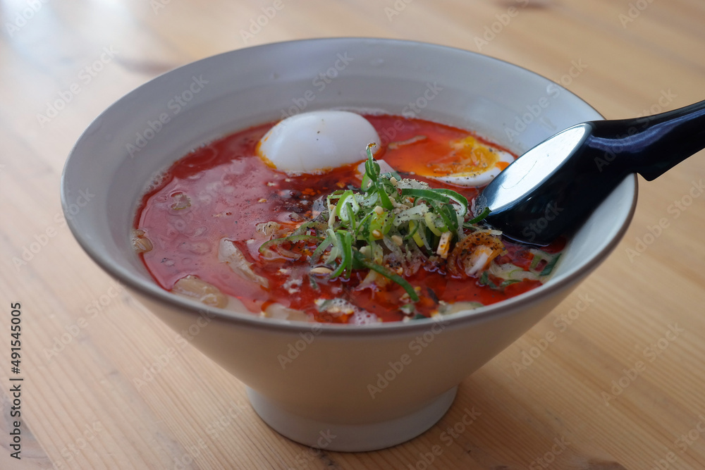 Japanese style Tantanmyeon with red sauce. Japanese style Tantanmyeon with red sauce.