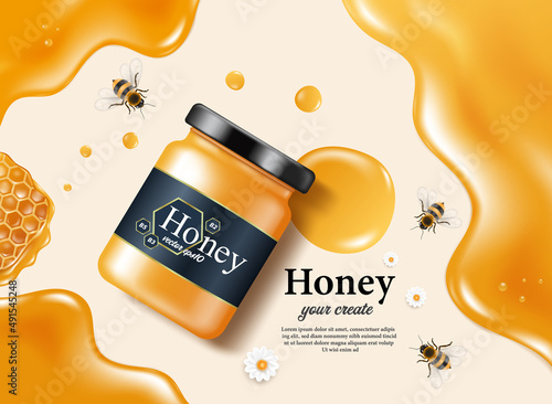 Honey jar was placed on the ground with honey dripping around it and put the honeycomb on the left side and there are bees flying around the area,vector 3d for food and drink advertising design