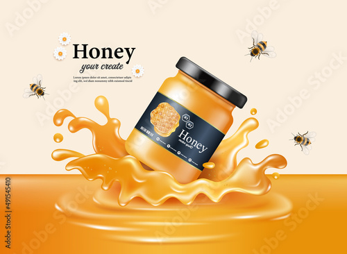 The jar of honey fell, hitting the honey and splashing out in a wide area and there are bees flying around,vector 3d for food and drink advertising conept design