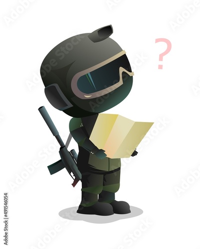 Special Forces Warrior looking for way on map. Comic funny character. Helmet, mask and uniform. Assault weapon with optical sight. Isolated on white background. Vector