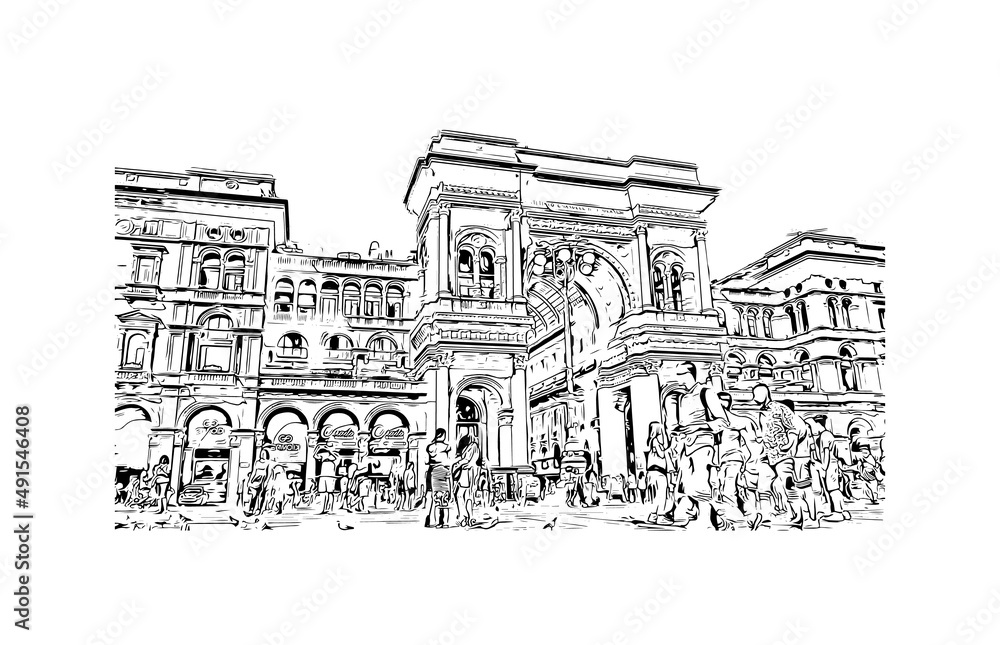 Building view with landmark of Milan is the
city in Italy. Hand drawn sketch illustration in vector.