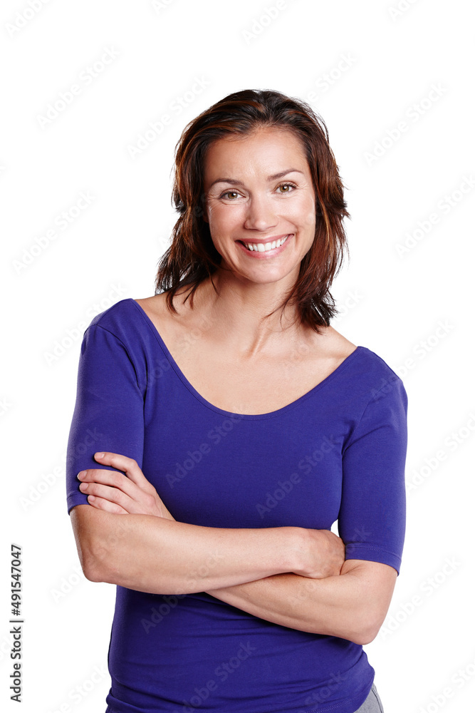 Simplistic Sophistication. Portrait of a woman isolated on white standing with her arms folded and smiling widely. Simplistic Sophistication. Portrait of a woman isolated on white standing with her arms folded and smiling widely.