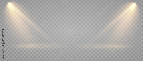 Set of spotlight shines on the stage, scene, podium. Illustration of bright lightning spotlights set on transparent background.