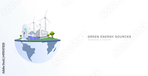 Green energy power plant with many clean source on earth concept vector illustration. Ecology friendly and sustainable development for save the world concept design.