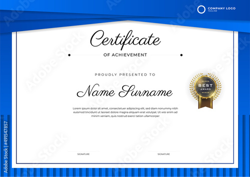 Solid blue certificate design in professional style. Elegant, clean and simple certificate template