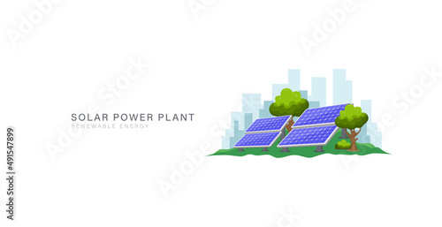 Solar energy power plant for green electric industry vector illustration. Ecology friendly and sustainable development