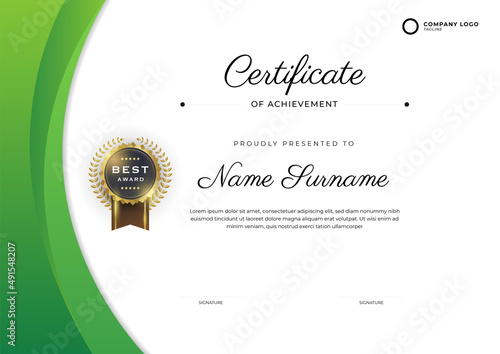 Modern green certificate design in professional style. Elegant, clean and simple certificate template