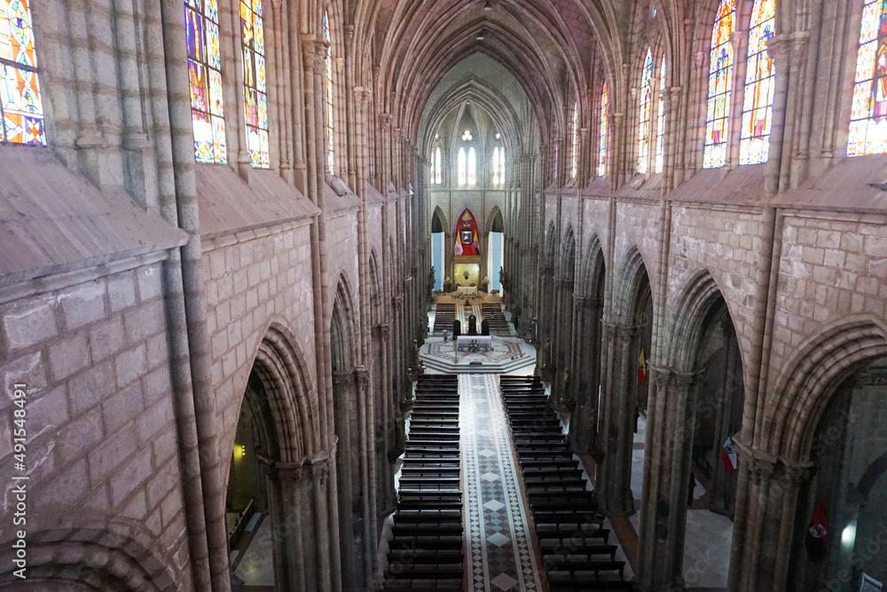 Interior of the neo-gothic Basilica of the National Vow in Quito, Ecuador