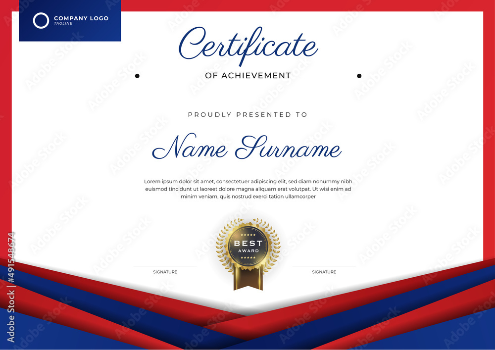 Blue and red certificate design in professional style. Elegant, clean ...