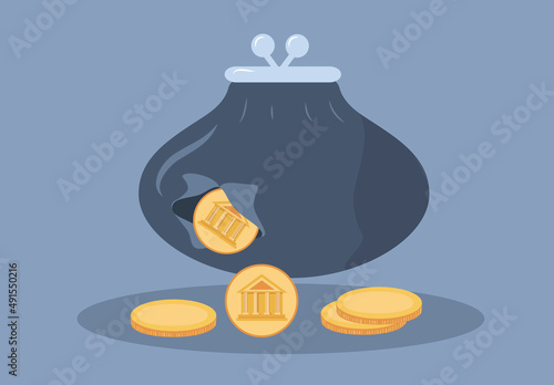 vector hand drawn illustration in flat style on the theme of poverty, loss of income. Leaky purse from which coins are pouring
