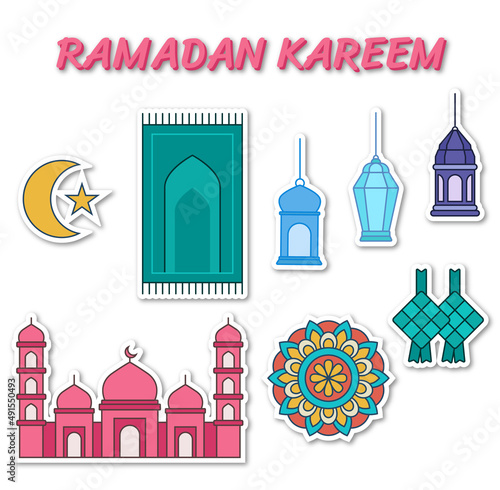 Muslim Arab icon illustration. Islamic Icon Set of mosque, prayer rug, lantern, Ramadan mandala, diamond, white background. photo