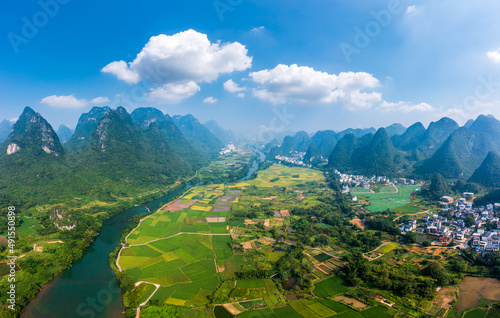 Aerial view of Lijiang River Scenic Area in Guilin, China. It is a World Natural Heritage site and the largest karst landscape in the world.