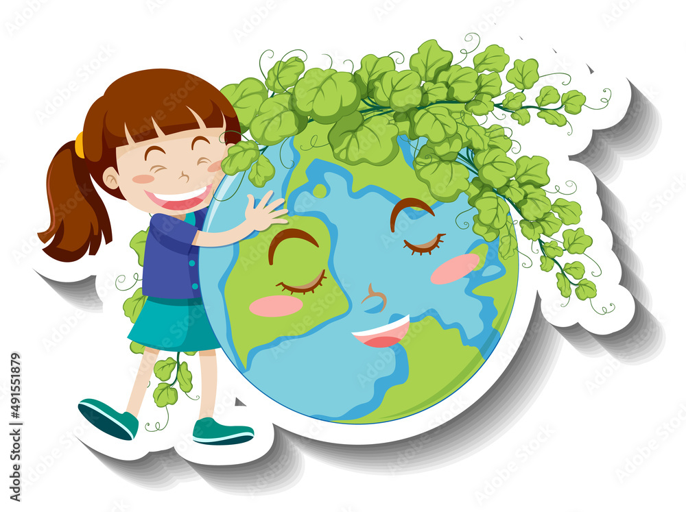 A girl hugging smiling earth planet A girl hugging smiling earth planet