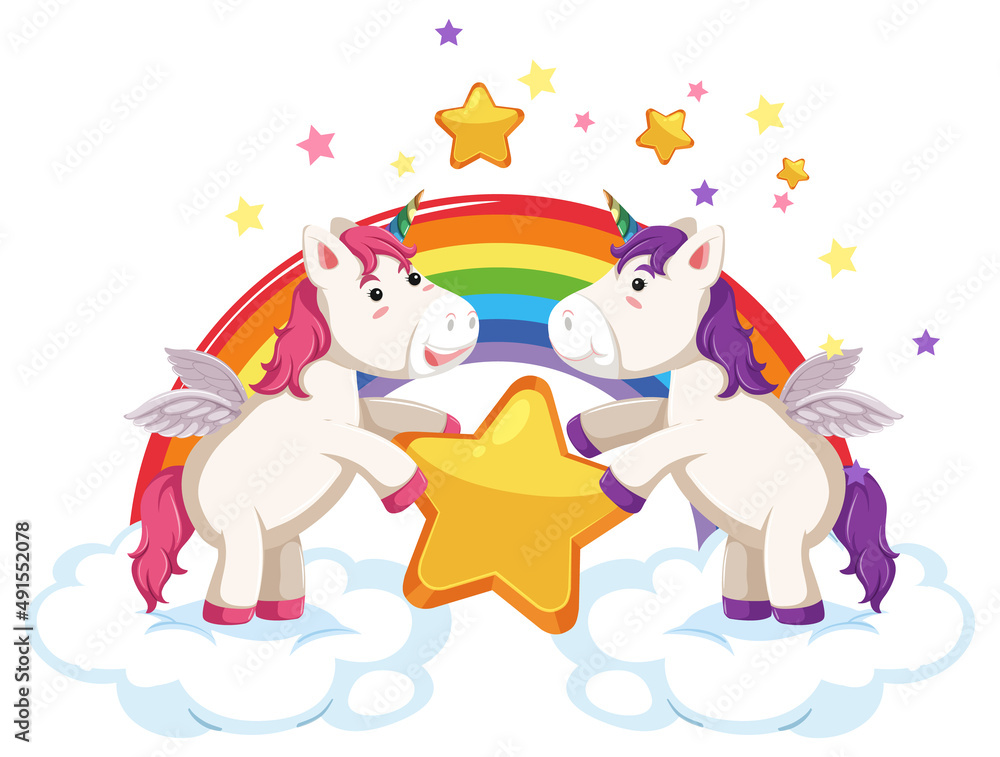 Two cute unicorns holding a star together
