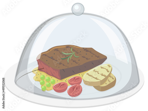 Beef steak and potato on the plate with glass cover on white background