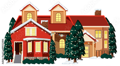 Snow covered house with Christmas light string