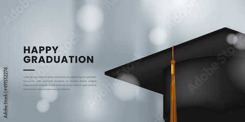 3d realistic graduation cap for graduation party celebration with white elegant modern banner