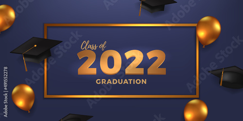 Class 2022 graduation party celebration with graduation cap and golden balloon decoration with blue background