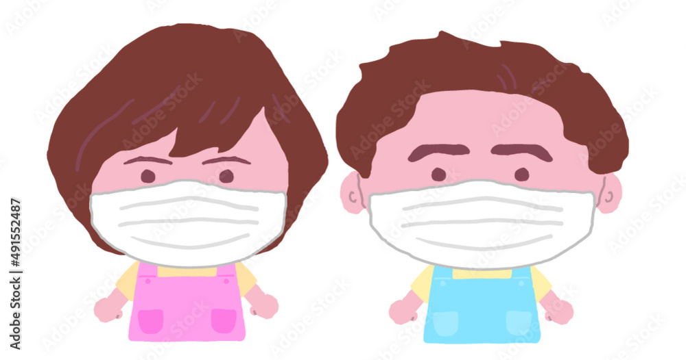 男女　エプロン　保育士　イラスト素材