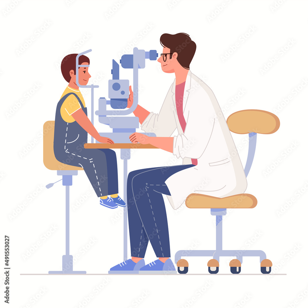 Ophthalmological clinic. Ophthalmologist checks child's vision using medical equipment. Vector characters flat cartoon illustration. Ophthalmological clinic. Ophthalmologist checks child's vision using medical equipment. Vector characters flat cartoon illustration.