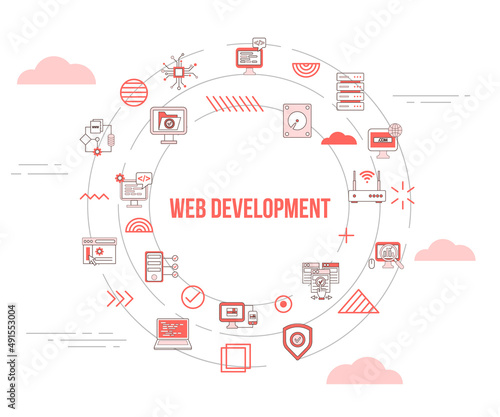web development website concept with icon set template banner and circle round shape