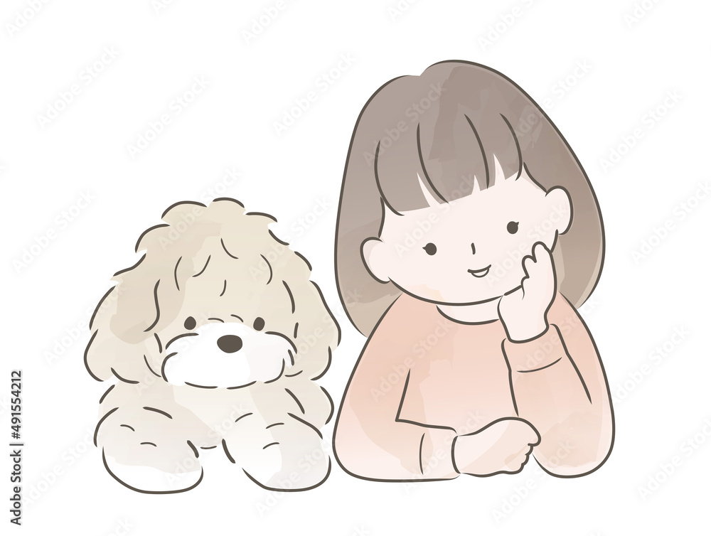 Fototapeta premium 女の子と愛犬の水彩風イラスト