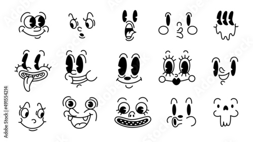Retro 30s cartoon and comics characters faces. Traditional emotions vector elements. Vintage characters creator for trending illustration.
