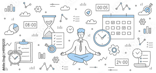 Time management concept with man meditate in yoga pose and icons of clock, gear, target and calendar. Vector doodle illustration of businessman relax and signs of watch, hourglass and graph icons