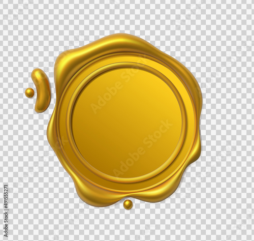 Seal wax 3d. Gold Wax candle stamp. Realistic vector render design elements.