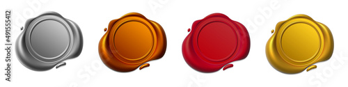 Seal wax 3d. Gold, silver, cooper and red Wax candle stamp. Realistic vector render design elements.