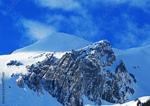 Snow-capped alpine peak Schofwisspitz (1989 m) in Alpstein mountain range and in Appenzell Alps massif, Unterwasser - Canton of St. Gallen, Switzerland (Schweiz)