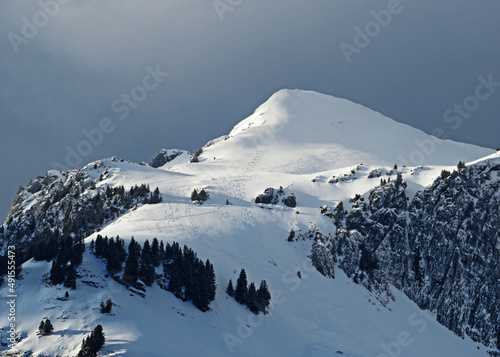 Snow-capped alpine peak Schofwisspitz (1989 m) in Alpstein mountain range and in Appenzell Alps massif, Unterwasser - Canton of St. Gallen, Switzerland (Schweiz)