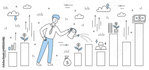 Finance investment, money grow doodle concept with businessman water statistics chart with money tree in pot, gold bars and dollar bills, wealth rise, income growth, Line art vector illustration