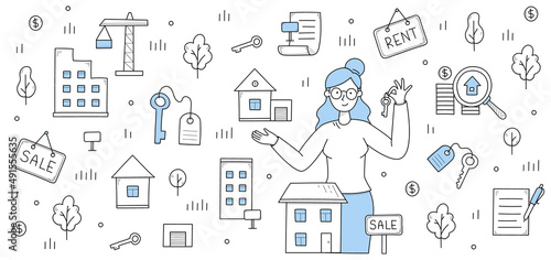 Real estate sale and rent background. Vector doodle illustration with woman realtor holding house keys, icons of search and purchase property, rental residential buildings