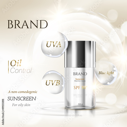 Sunscreen ads on beautiful gold white and tropical plants decorations in 3d illustration.