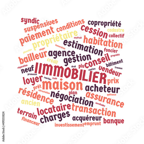 Illustration Immobilier en nuage de mots avec un fond transparent