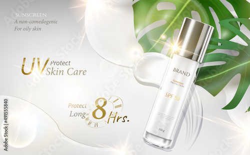 Sunscreen ads skin care and cosmetic on luxury white theme beautiful gold white  light glitter and  tropical leaves decorations in 3d illustration.Top view