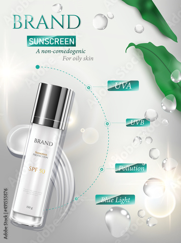 Sunscreen ads skin care and cosmetic on luxury white theme beautiful gold white  light glitter and  tropical leaves decorations in 3d illustration.Top view
