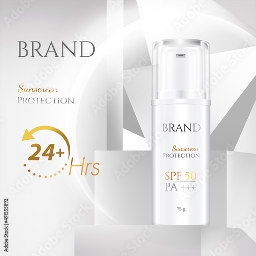 Sunscreen ads on beautiful gold white and tropical plants decorations in 3d illustration.