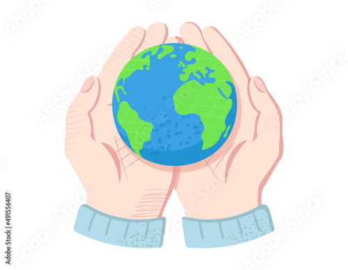 両手で地球を守るイラスト　白背景にベクターのクリップアート