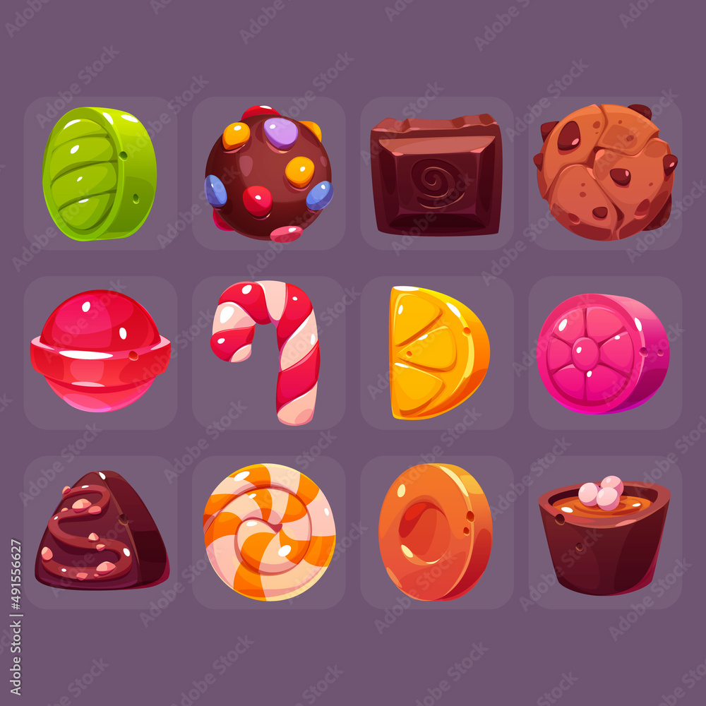Square buttons with chocolate and hard sugar candies, fruit drops,  lollipop, cake and bonbon. Vector cartoon set of sweet food icons, caramel,  christmas candy cane and confectionery Stock Vector | Adobe Stock