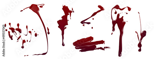 Blood splatters, red stains with drops and splashes texture. Bloodstain marks, element for Halloween design, liquid trails of brush, paints blobs isolated on white background, Cartoon vector set