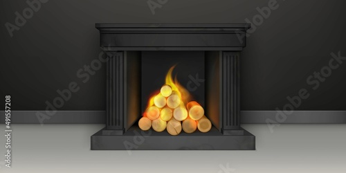 Fireplace with burning woods, black marble or gypsum chimney, classic fire place with flaming logs, home interior decor, vintage house design, cozy heating system, Realistic 3d vector illustration