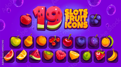 Slots fruit and berries icons, strawberry, plum, peach, orange, apple and watermelon. Vector cartoon set of game food symbols, raspberry, banana, grapefruit, currant and cherry